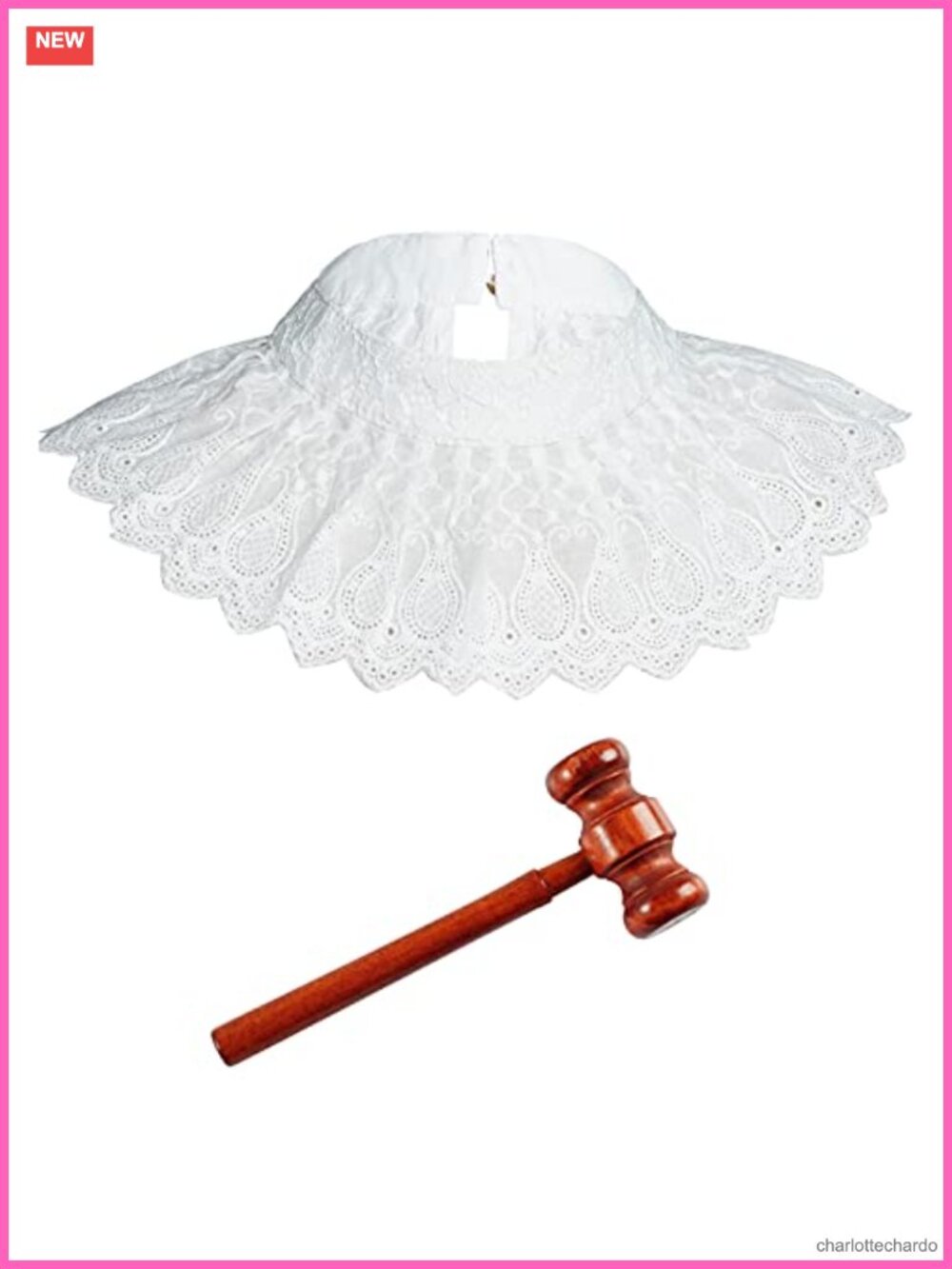 Judge Costume Accessory Set Lace False Collar & Wooden Gavel Cosplay Halloween